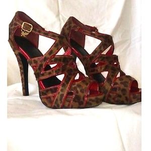 Woman's 5" Heels, Sued Leopard Print With Red Trim